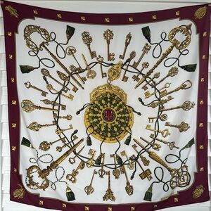 Hermes 90cm Silk scarf Les Cles shawl wrap burgundy cream gold